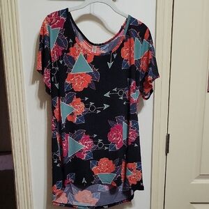 LuLaRoe Black Top with Red and Teal Floral Geometric Design